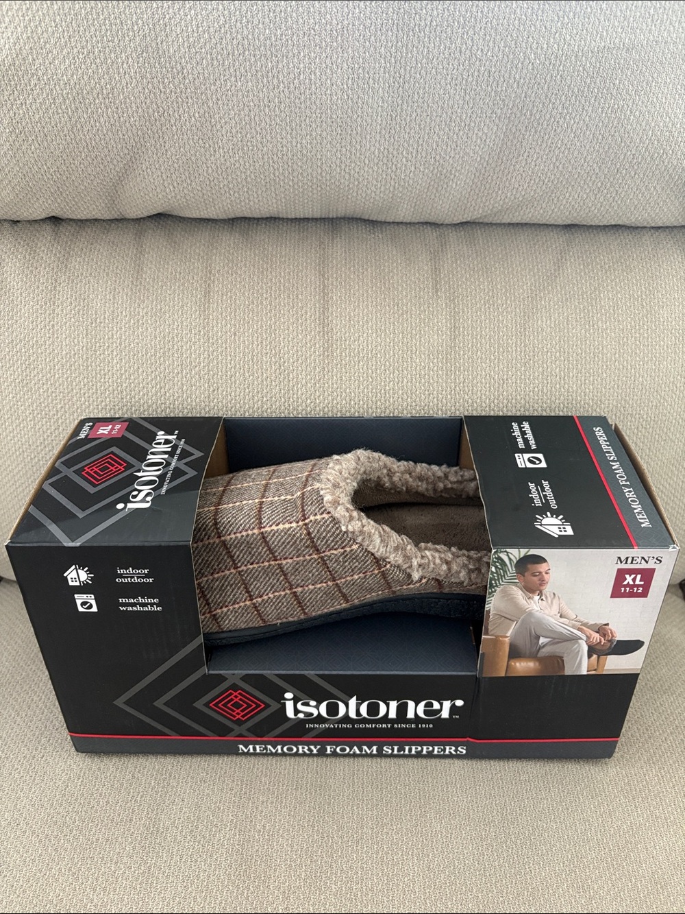 Isotoner Men’s Brown Plaid Memory Foam Slippers